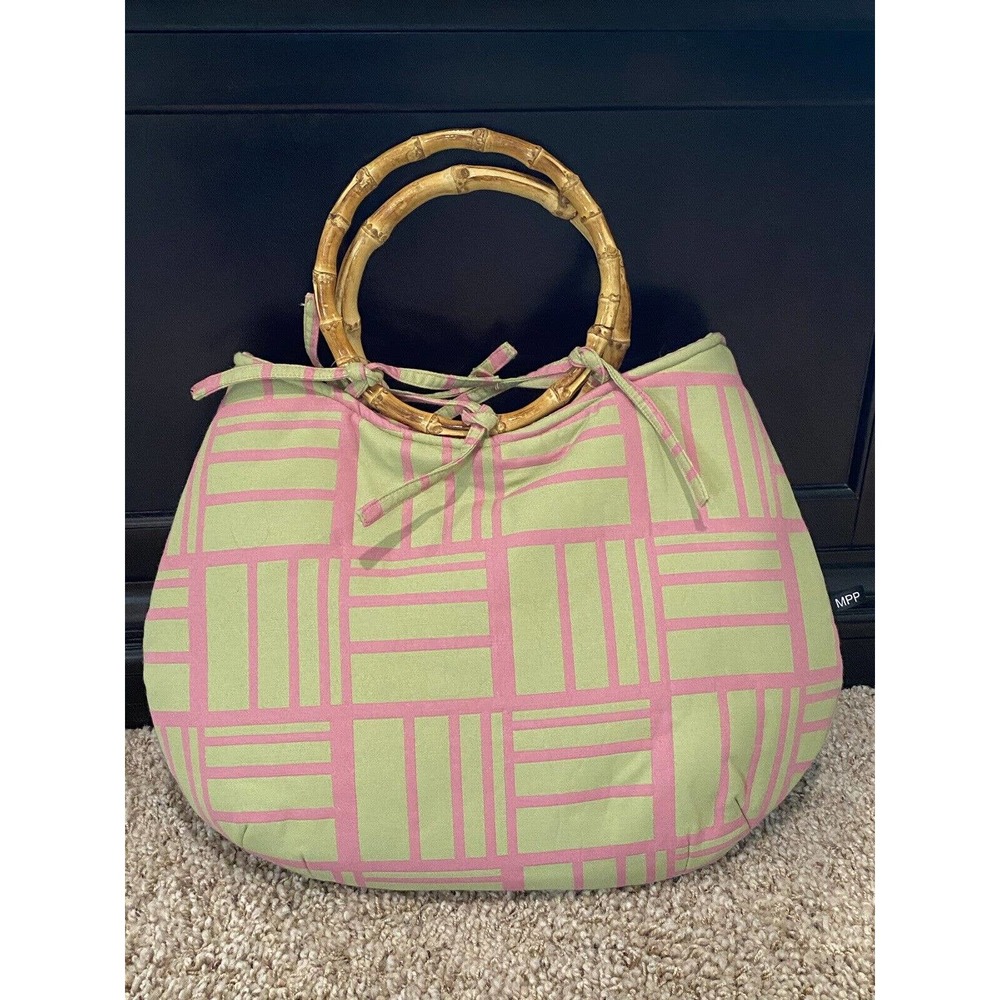Miss Priss Purse With Personality Green and Pink cloth with Bamboo Handle